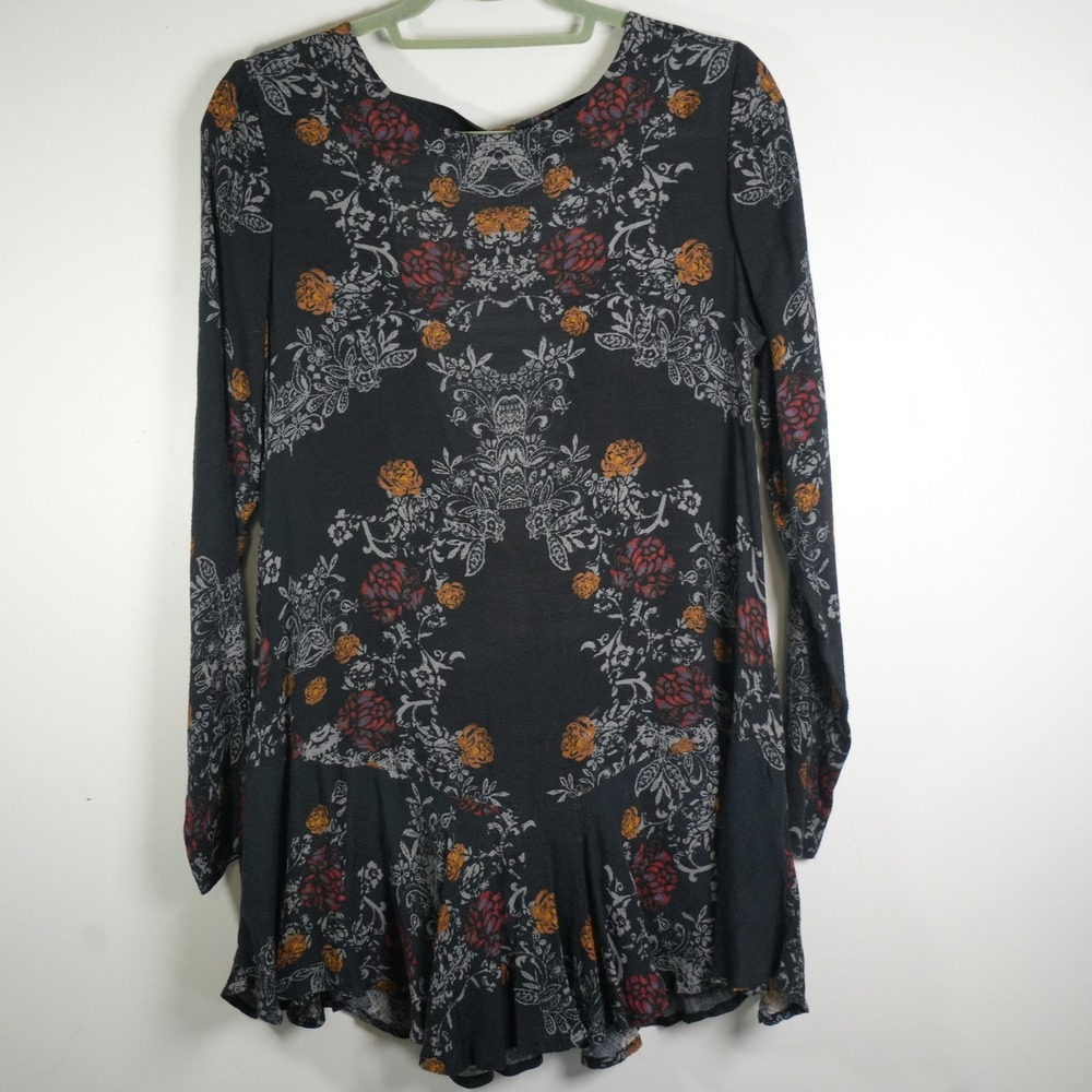 Free People Mini Dress Womens Small Black Floral Damask V-Back Ruffle Boho Tunic - Picture 3 of 10